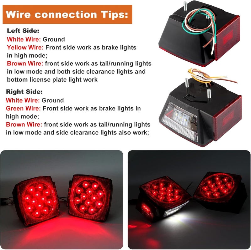Partswcgg 12V Trailer Led Light Kit, 2x Square Led Stop Turn Tail Brake License Plate Running Lights w/ 25ft Wiring Harness/6x Mini Marker Lights/15" 11LED Trailer Tail Brake Light Bar/License Plate Bracket - Image 2